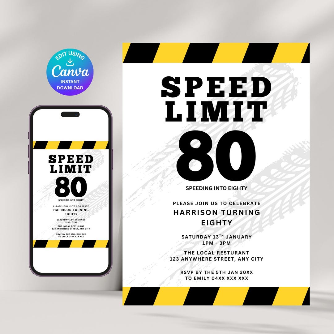 Speed Limit Invitation, 80 Road Sign Party, Milestone Adults 80th ...