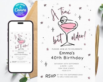 A Tini Bit Older Birthday Invitation, Editable 40th Birthday Cocktail Party Invite Template, Modern Pink Martini Theme, Canva Instant - S150
