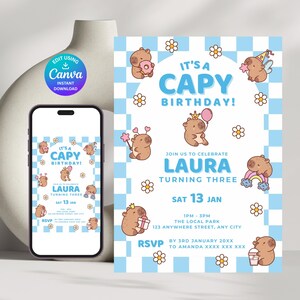 Capybara Fun Birthday Invitation, 3rd Capy Bday Evite, Blue Checkerboard, Unisex Invite, Party Bundle Template, Editable Printable - S600