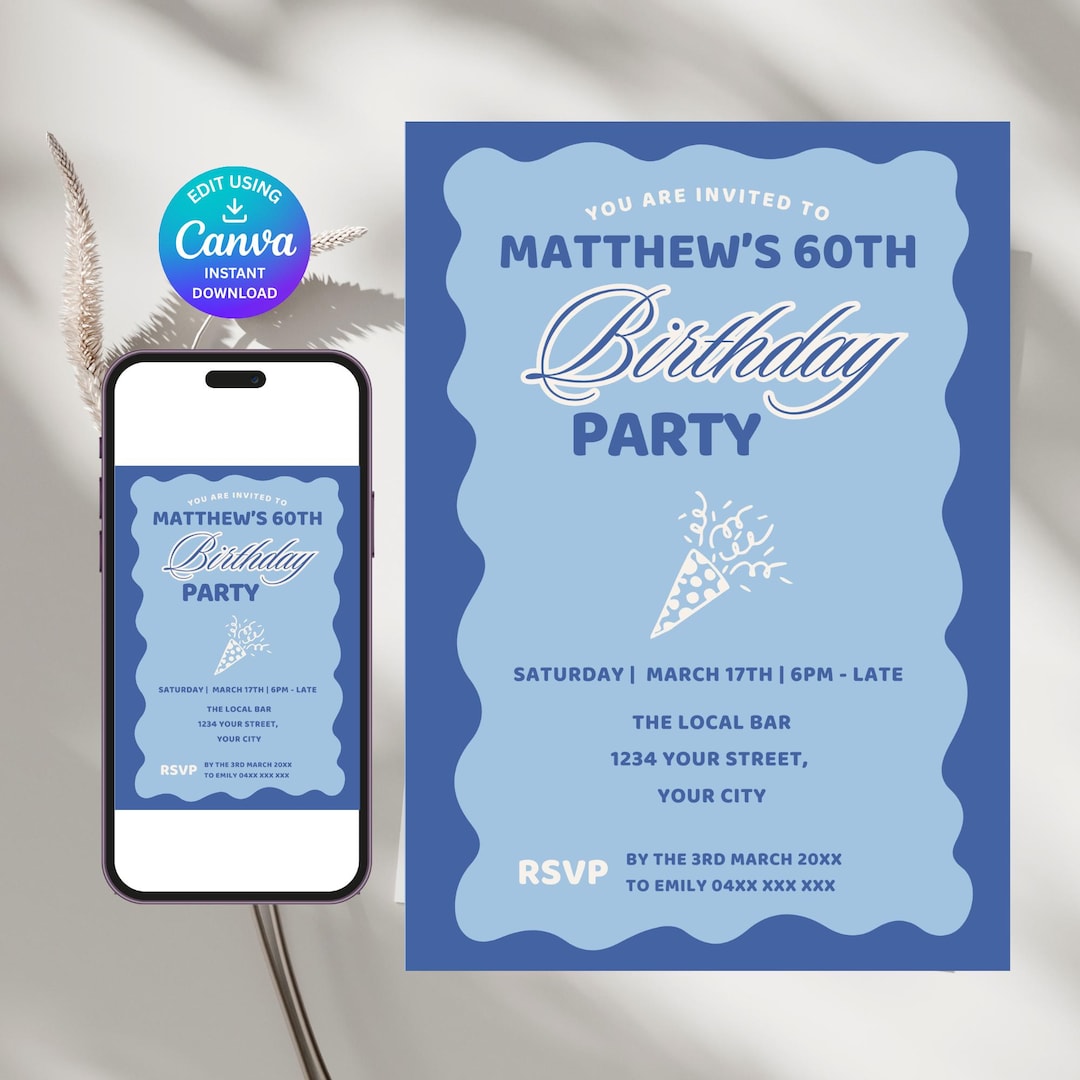 60th Birthday Retro Scalloped Border Invitation, Blue Boy Man Milestone ...
