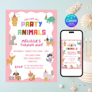 Op de afbeelding: Een roze feestuitnodiging met de tekst "Calling All Party Animals" en "Melissa's Turning Nine!" toont cartoon dieren en feestdetails. Een smartphone toont hetzelfde ontwerp. Bevat een Canva instant download optie.