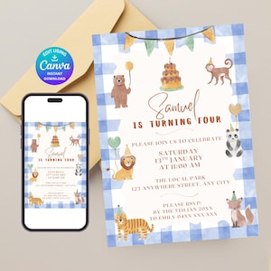 Jungle Gingham Birthday Invitation, 4th Blue Safari Party Invite, Watercolour Animals, Editable Kids Bday Template, Bear Lion Monkey - S478