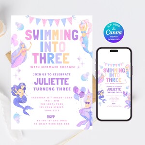 May include: A birthday invitation with a mermaid theme. The invitation features the text "Swimming Into Three" in pastel colours, along with mermaid illustrations and event details. A smartphone displays the same design.