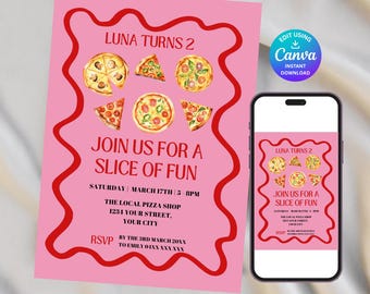 Invitación para fiesta de pizza, 2.º cumpleaños, cumpleaños infantil con temática italiana, ilustración de pizza en acuarela, descarga instantánea, plantilla imprimible - S205