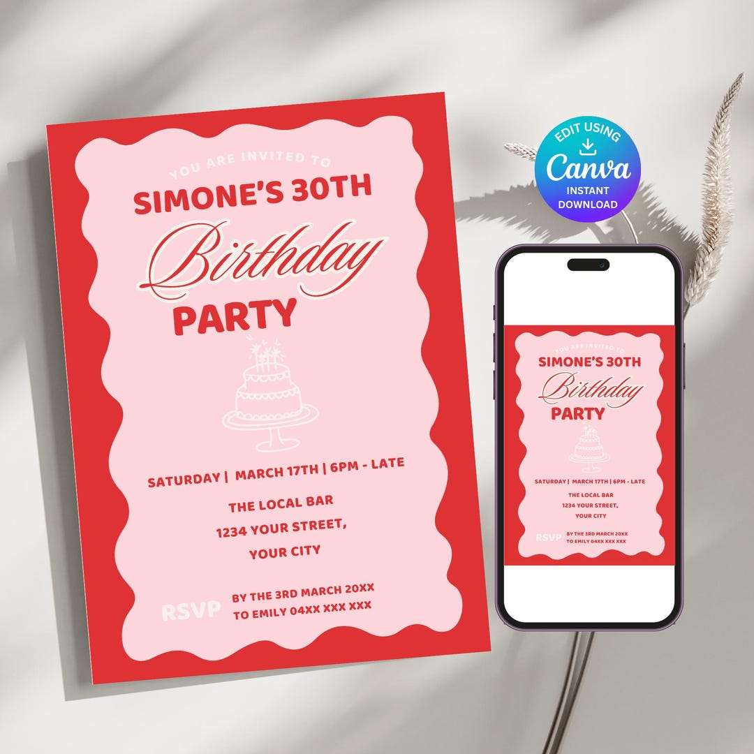 30th Birthday Scalloped Border Invitation, Pink Red Retro, Milestone ...