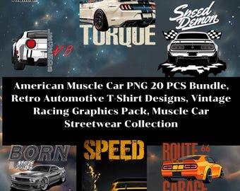 May include: Collection of American muscle car designs. Includes illustrations of various cars with text such as "American Thunder", "American Torque", "Speed Demon", and "Route 66". The designs feature cars in white, silver, and yellow.