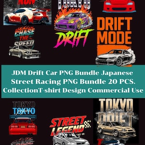以下が含まれることがあります： 「TOKYO NIGHT RUN」「DRIFT MODE」「CHASE THE SPEED」などのテキスト要素を含む、日本のドリフトカーをフィーチャーしたグラフィックデザインのコレクション。Tシャツや商用利用に適したデザインです。