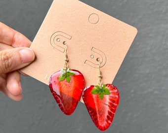 Real Strawberry Earrings,Cute Strawberry Earrings,Pressed Fruit Earrings,Mother's Day Gift,Pretty Fruit Earrings,Dangle & Drop Earrings