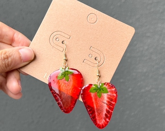 Pendientes de fresa reales, pendientes de fresa lindos, pendientes de frutas prensadas, regalo del día de la madre, pendientes de frutas bonitas, pendientes colgantes y colgantes