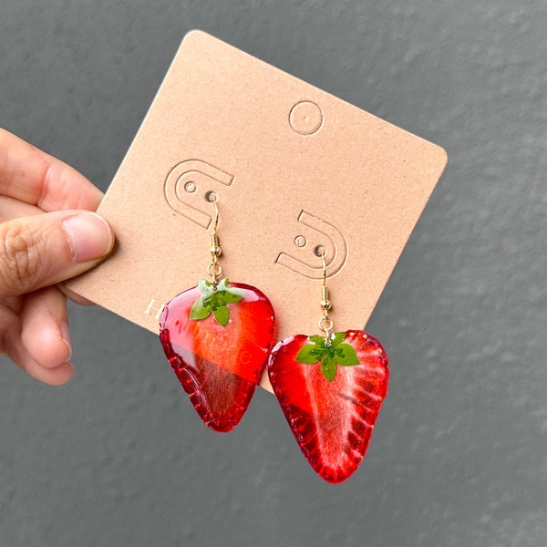 Real Strawberry Earrings,Cute Strawberry Earrings,Pressed Fruit Earrings,Mother's Day Gift,Pretty Fruit Earrings,Dangle & Drop Earrings