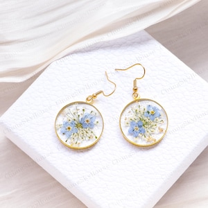 Real Forget Me Not Flower Earrings, Queen Anne&#39;s Lace Pressed Flower Earrings, Handmade Flower Gift For Her, Dried Blue Flower Resin Jewelry