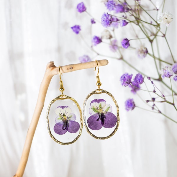 Real Pansy Flower Earrings,14k Gold Earrings,Pressed Flower Earrings,Gift For Her, Dried Purple Flower Resin Jewelry,Birthday Jewelry Gift