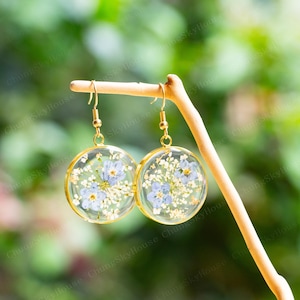 Real Forget Me Not Flower Earrings, Queen Anne&#39;s Lace Pressed Flower Earrings, Handmade Flower Gift For Her, Dried Blue Flower Resin Jewelry