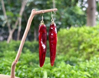 Echte chilipeper oorbellen, geperste chili hars oorbellen, natuurliefhebber sieraden, bos oorbellen, bungelen drop oorbel, handgemaakte sieraden