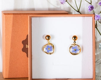 Gold Forget Me Not Flower Earrings,Pressed Flower Earrings,Mother's Day Gift,Blue Flower Resin Jewelry,Dired Flower Dangle Drop Earrings