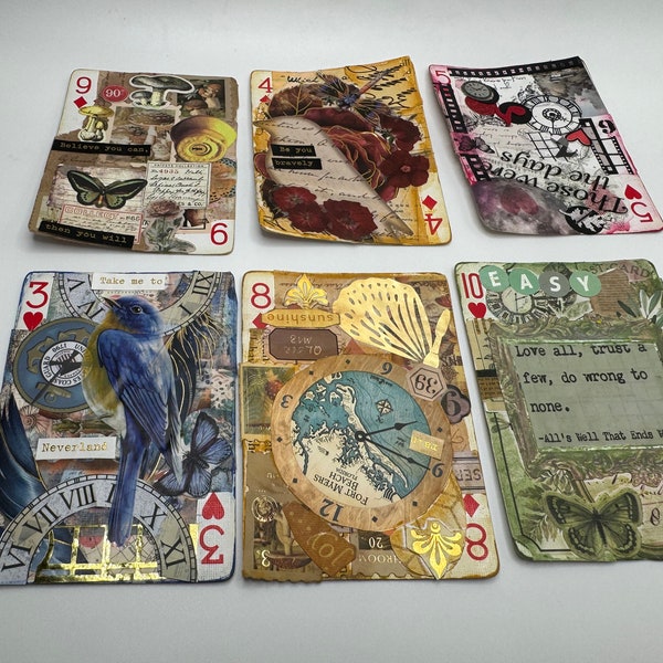 Altered Playing Cards, APC, set of 6 cards, craft ephemera, mixed media