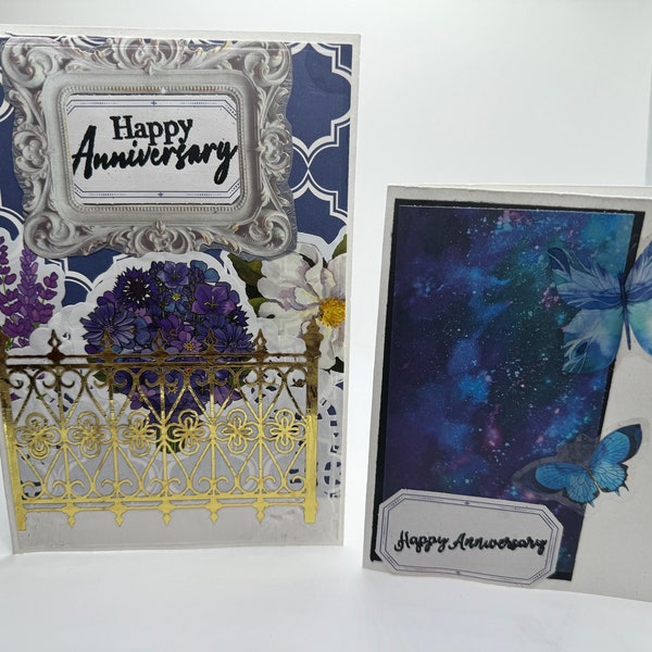 2 Happy Anniversary cards, A2 butterflies in the galaxy, 4.5x6.5 GOLD court yard gate with flowers, Handmade, Set of 2