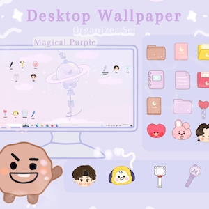 Pode incluir: Um conjunto organizador de papel de parede para desktop com um tema roxo mágico. A imagem apresenta um monitor de computador exibindo ícones personalizados e um conjunto correspondente de pastas e ícones digitais. O texto "Desktop Wallpaper Organizer Set" e "Magical Purple" são visíveis.