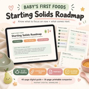 May include: A digital guide titled Baby's First Foods Starting Solids Roadmap displayed on a tablet, accompanied by printed pages including a Texture Ladder, Common Allergen Quick Guide, and Allergen Tracker, plus a silicone bowl and spoon.