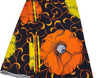 Tela estampada africana naranja y amarilla, tela Ankara, tela africana cortada a medida, tela estampada con cera, tela 100% algodón, tela Ankara.