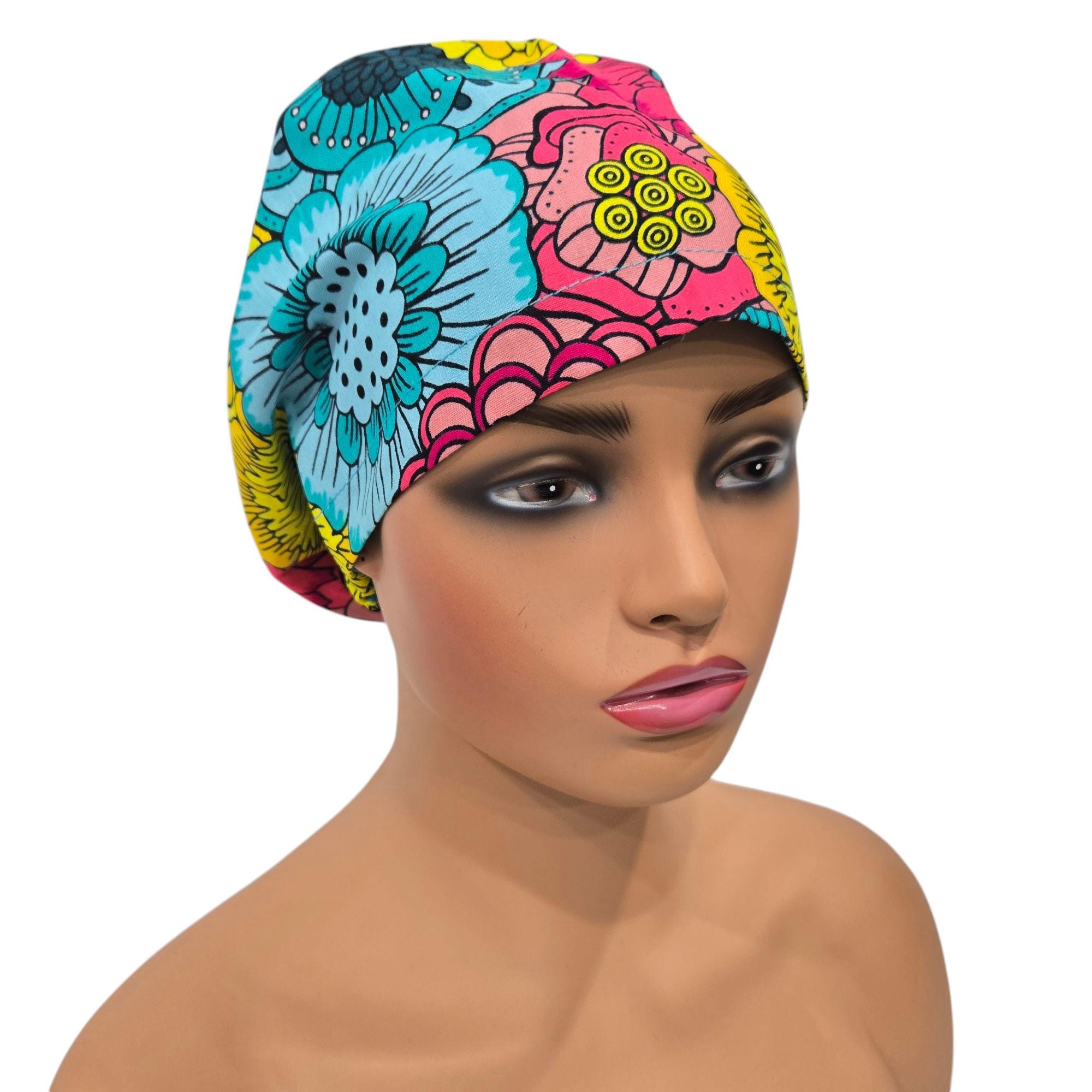 Euro/ Pony Style Scrub Cap, Satin-lined Scrub Cap, Surgical Cap. Nurse Cap. African Print Scrub Cap. Afrocentric Scrub Cap. Ready to Ship.