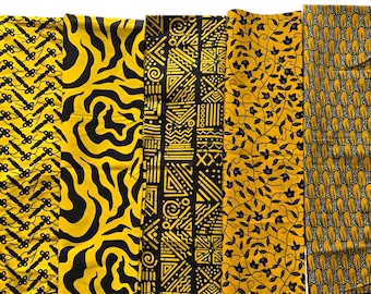 May include: A collection of yellow and black patterned fabrics. The designs include geometric shapes, floral patterns, and abstract zebra-like stripes. The fabrics are likely for sewing or crafting projects.