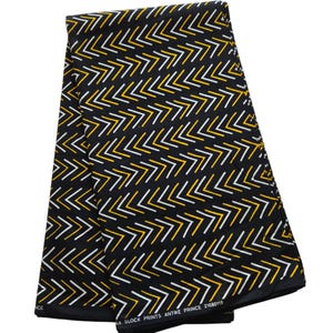 Black, White and Yellow African Print Fabric, African Fabric by the yard, African Print Fabric, Ankara Fabric, Wax Print, Black Fabric