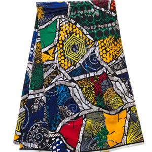 Weißer und blauer afrikanischer Ankara-Stoff, afrikanische Stoffe, Schüttgut, afrikanischer Druckstoff, Ankara-Stoff, blaugrüner Stoff, Wachsdruck-Stoff.