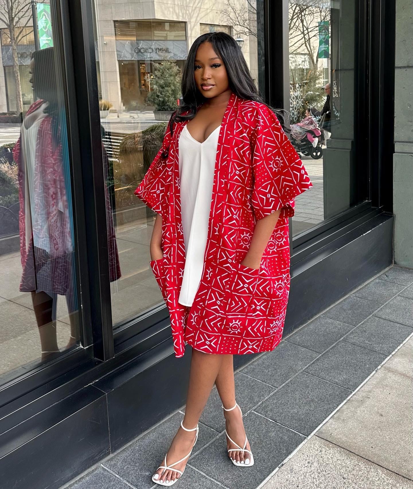 Red and White Tribal Ankara Print Kimono, Duster, African Print Kimono, Ankara Jacket, Ankara Duster, African Print Jacket, Ankara Kimono