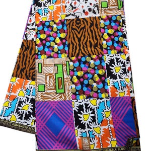 May include: A vibrant patchwork fabric featuring a variety of patterns and colors. The design includes geometric shapes, floral motifs, and animal prints in shades of orange, blue, purple, and brown. The fabric has the text "GUARANTEED BLOCK" and "VERITABLE BLOCK DUTCH".