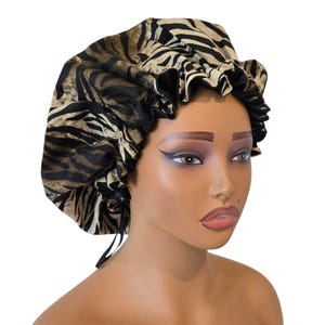 Ankara Satin-lined Bonnet, African Fabric Satin-lined Bonnet, Satin Cap, Adult Satin Bonnet, Protective Cap, Sleep Cap, Black Ankara Bonnet