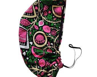 Green and Pink Euro Scrub Cap, Satin-lined Scrub Cap, Surgical Cap. Nurse Cap. Euro Style Scrub Cap. Pony Style Scrub Cap. Ready to Ship.