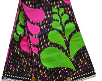Schwarzer, grüner und pinker Stoff mit afrikanischem Aufdruck, Ankara-Stoff, Ankara, Afrikanische Kleidung, Wax Print, schwarzer Stoff