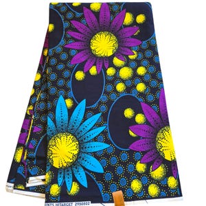 Marineblau, Lila und Gelb Afrikanischer Druckstoff, Ankara-Stoff, Afrikanischer Stoff Meterware, Wachsdruck, 100% Baumwolle, Ankara-Stoff.