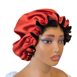Burnt Orange and Black Reversible Satin Bonnet, Orange Silk Bonnet, Satin Cap, Satin Bonnet, Protective Cap, Sleep Cap, Natural Hair Bonnet