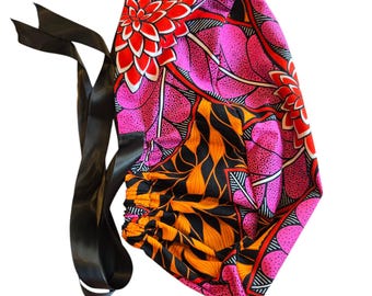 Euro/ Pony Style Scrub Cap, Satin-lined Scrub Cap, Surgical Cap. Nurse Cap. African Print Scrub Cap. Afrocentric Scrub Cap. Ready to Ship.
