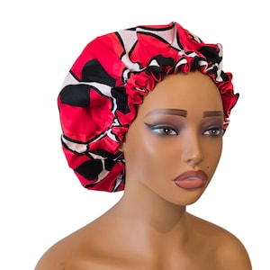 Ankara Satin-lined Bonnet, African Fabric Satin-lined Bonnet, Satin Cap, Adult Satin Bonnet, Protective Cap, Sleep Cap, Red Ankara Bonnet