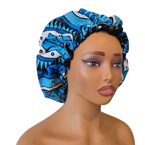 Ankara Satin-lined Bonnet, African Fabric Satin-lined Bonnet, Satin Cap, Adult Satin Bonnet, Protective Cap, Sleep Cap, Blue Ankara Bonnet