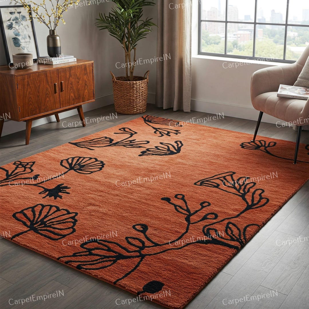 Scorched Rug Rustic Burnt Rug,orange Area Rug - Botanical Wool Rug, Hand-tufted ...