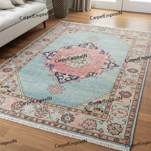 Blue Oushak Rug: 100% Hand-Knotted Wool, Antique Contemporary Design