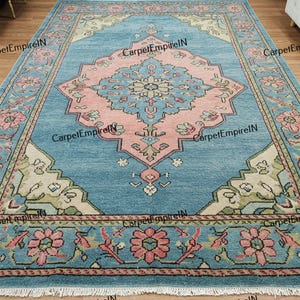 Blue Oushak Rug: Hand-Knotted Wool, Vintage-Inspired Design