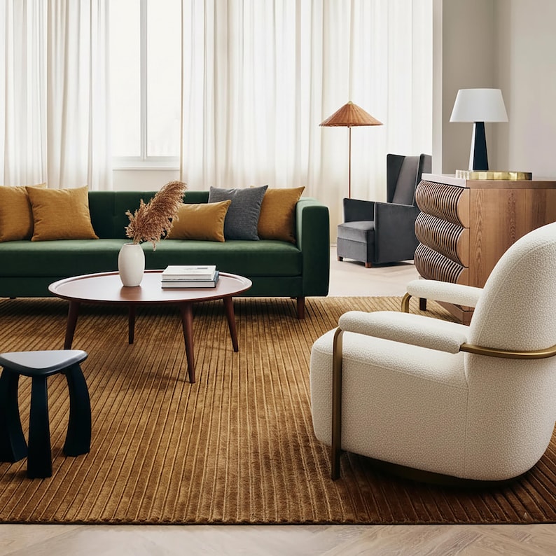 May include: A modern living room with a green sofa, mustard-colored pillows, and a round wooden coffee table. A cream-colored armchair and a wooden cabinet with a lamp are also present. The room features a brown rug and a black stool.