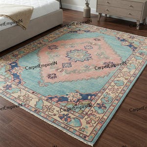 Blue Oushak Rug: Hand-Knotted Wool, Vintage-Inspired Design
