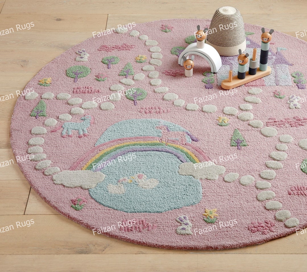 Castle Round Rug Unicorn Castle Pink Round Hand Woven 100% Wool Rugs for Kids Room L ...