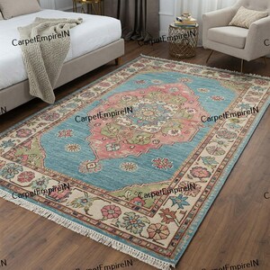 Blue Oushak Rug: Hand Knotted Wool, Antique Contemporary Style