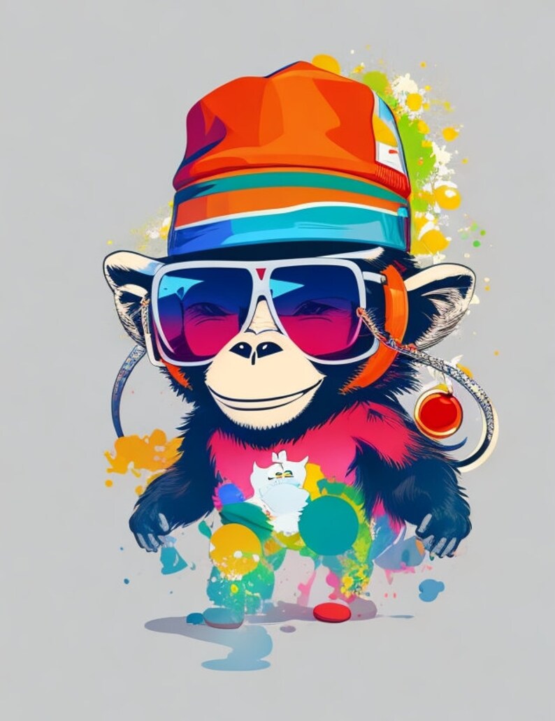May include: A cartoon monkey wearing a red and blue hat, sunglasses, and a pink shirt with a white cat graphic. The monkey is surrounded by colorful paint splatters.