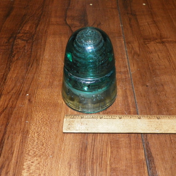 Vintage H. G. CO. Aqua Green Telephone Pole Glass Insulator - H on Top