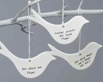 Keramikvögel Hänger weiß Glück Lachen Flügel L 12,5 cm Hänger Aufhänger Vogel Taube