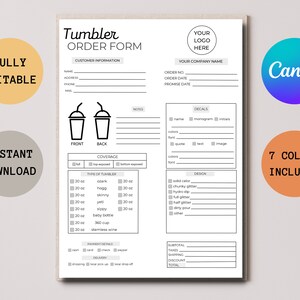Tumbler Order Form, Editable Tumbler Order Form Template, Custom Tumbler Form, Order Form for Small Business,Downloadable Tumbler Order Form