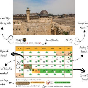 May include: A calendar for May 2026, with Gregorian and Hijri months and years. It highlights sacred months, fasting days, and special days with symbols. The image includes a view of a historical building.